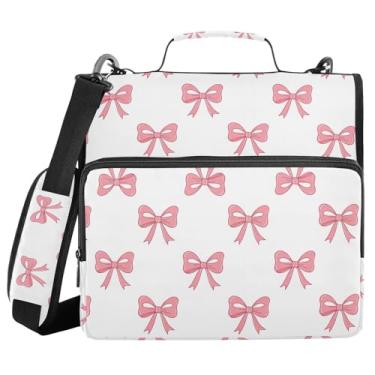 Imagem de Bolsa de fichário com zíper branco com laço rosa, 3 anéis, pasta de arquivo, organizador com zíper, bolsa com alça para laptop, 500 folhas para adultos, material de trabalho ao ar livre
