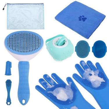 Imagem de PAWCHIE Kit de cuidados de banho para animais de estimação, conjunto de 9 escovas de cabelo com toalha, luvas de lavagem, escova de banho e alça ajustável, escova de xampu e esfregão para cães e gatos