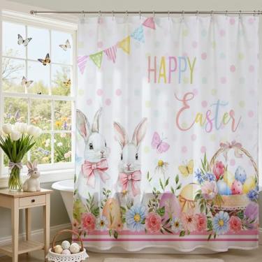 Imagem de Mocsicka Cortina de chuveiro Happy Easter Cute Bunny Rabbits Colorida Floral Páscoa Tecido Impermeável Cortina de Chuveiro Decoração de Banheira com 12 Ganchos 182 X 182 cm