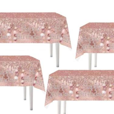Imagem de 4 peças de toalha de mesa rosa ouro rosa rosa com glitter, capas de mesa estampadas com lantejoulas para meninas, chá de panela, suprimentos de festa de casamento perfeitos para festas de casamento