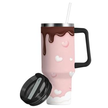 Imagem de ATTX Copo de chocolate ao leite de 850 g Valentine com alça, copo de aço inoxidável a vácuo de parede dupla com palha, caneca de café de viagem isolada #186