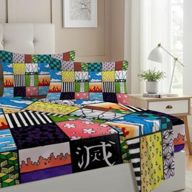 Imagem de Allenjoy Jogo de lençol casal anime Batalhas Demônios com bolsos profundos até 40,6 cm, decoração de quarto com 2 fronhas SC00040-009