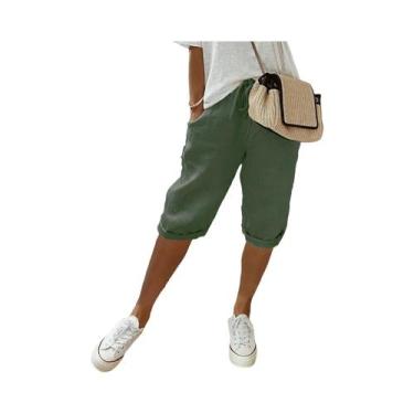 Imagem de Calças Casuais De Algodão E Linho Para Mulheres Com Bolsos E Elástico,