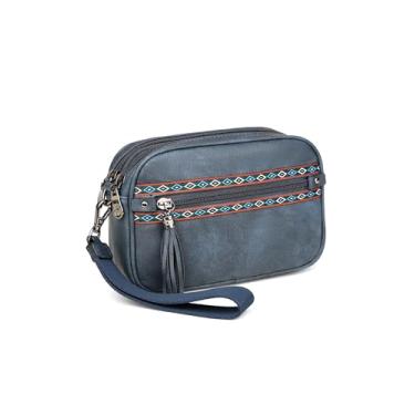 Imagem de FADEON Carteira de pulso feminina, bolsa tiracolo de couro de designer RFID com 5 zíperes, suporte para cartão de crédito, organizador de celular, Estilo retrô azul escuro