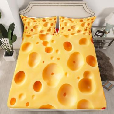Imagem de Jogo de lençol 3D com queijo delicioso realista, ultramacio, queijo amarelo, engraçado, lençol com elástico (lençol de cima)