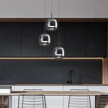 Imagem de Luminária pendente moderna de vidro LED para mesa de jantar, altura ajustável, vidro preto, para sala de jantar, sala de estar, cozinha, bar, sala de jantar, lustre para quarto infantil (lâm