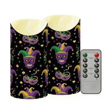 Imagem de Wassud Pacote com 2 velas sem chamas com caveiras de carnaval com controle remoto, velas realistas cintilantes com temporizador, velas decorativas para Natal, casamento, festa, decoração de casa média