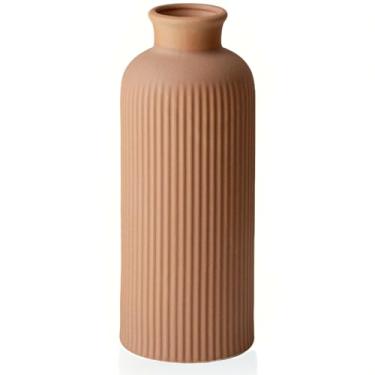 Imagem de Vaso de cerâmica com nervuras de café para flores, grande vaso decorativo texturizado moderno, 25 cm de altura, decoração de casa estilo fazenda (café)