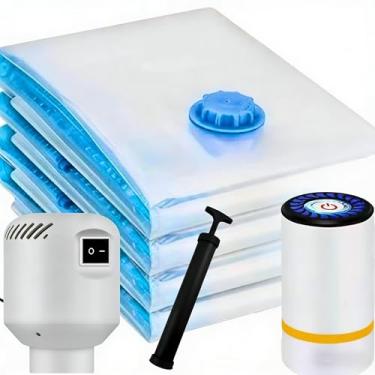 Imagem de Kit de 10 Sacos Vácuos + Bomba USB Elétrica Recarregável + Manual - Guarda-Roupa para Organização de Roupas, Ideal para Viagens, Armazenamento e Mudanças (KIT10 50x60,Recarregável (BIVOLT))
