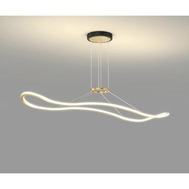 Imagem de Luminária pendente LED moderna com design ondulado para mesa de jantar, controle remoto e altura ajustável, ideal para sala de jantar e escritório (preto e dourado, 120 cm de comprimento).