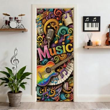 Imagem de arricraft 2 adesivos autoadesivos para porta, 80 cm x 199 cm, grafite, música, instrumentos musicais, murais, adesivos de PVC, papel de parede removível, decoração para quartos e sala de estar