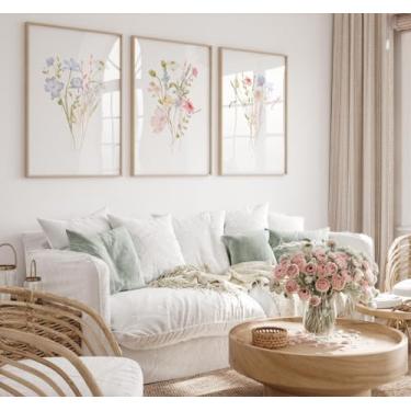 Imagem de Conjunto de arte de parede de flores pastel com 3 estampas florais fofas, pintura em tela, arte emoldurada para quarto, berçário, sala de estar, casa, decoração de quarto de meninas, com moldura