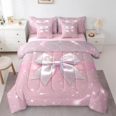 Imagem de Feelyou Jogo de edredom fofo de laço rosa com 7 peças, solteiro, kawaii, para crianças, meninos, meninas, decoração de quarto, microfibra leve e macia