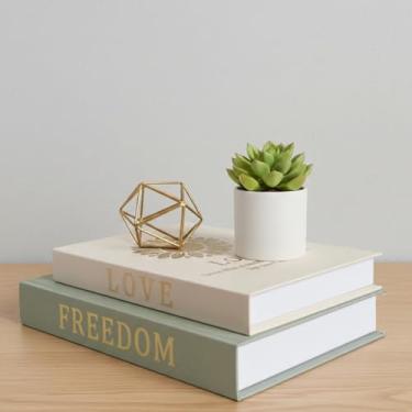 Imagem de VEKALON Decoração decorativa de livros falsos – Conjunto de 2 caixas de armazenamento de livros falsos de linho borboleta dourada e girassol para mesa de café, estante e decoração de casa (bege sálvia