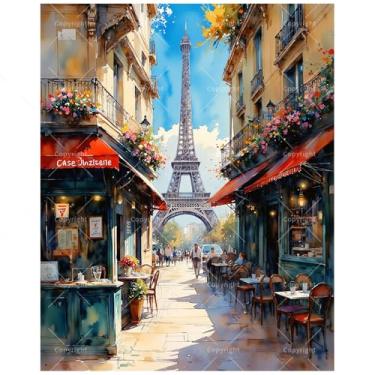 Imagem de TAOPAOLAB Kit de pintura por números de café parisiense para adultos – pintura DIY Street Café e Torre Eiffel em tela 30,5 x 40,6 cm, conjunto de tinta acrílica emoldurada, adequado para iniciantes