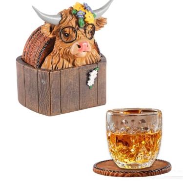 Imagem de Porta-copos de gado Highland - 6 porta-copos rústicos de madeira | Antiderrapante para cabana de madeira, caça, caverna masculina, decoração de bar e casa de fazenda | Proteja móveis