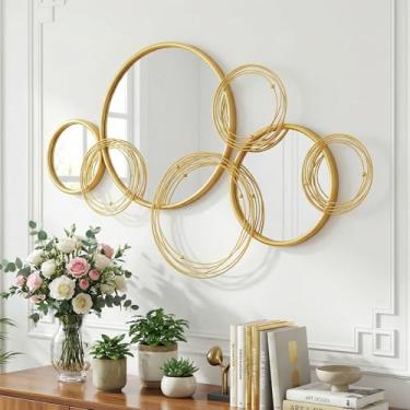Imagem de MYOTA Espelho de arte de parede dourado redondo - 99 cm x 61 cm Mirros decorativos com moldura de metal grande para decoração de parede, espelho moderno para sala de estar, sala de jantar, lareira
