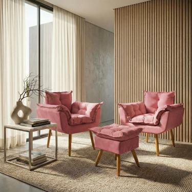 Imagem de Kit 2 Poltronas Decorativa e Puff Para Sala Recepção Manicure Consultório Quarto Alice Tecido Suede