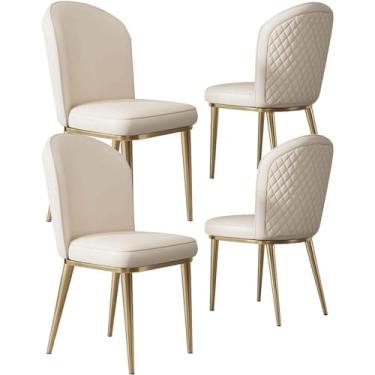 Imagem de RROUAN Cadeira de jantar antisujidade, conjunto de 4 cadeiras de cozinha, cadeira lateral com pernas de metal dourado, cadeira de maquiagem de couro sintético macio, quarto, 87 x 47 x 47 cm, off-white