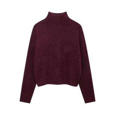 Imagem de Suéter Feminino Vintage Borgonha De Gola Alta Manga Longa Tricô Quente