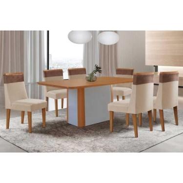 Imagem de Sala Jantar Mesa Pietá Tampo Curvo 180cm+6 Cadeiras Jaspe Madeira Natu