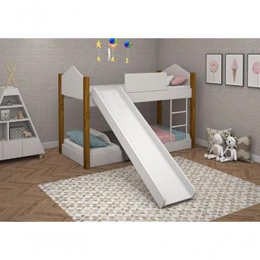 Imagem de Beliche Infantil-juvenil Luiza Branco-mel Com Pés De Madeira Com Escorregador