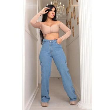 Imagem de Calça Wide Leg Cargo Jeans Clara Feminina - Estilo e Conforto em Alta 