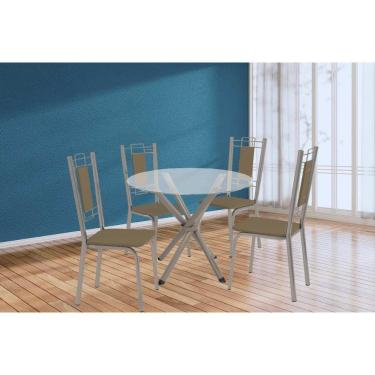 Imagem de Conjunto: Mesa Sala Jantar Volga C- Tampo De Vidro 95cm E 4 Cadeiras Florença Niquel - Courano Capuccino - Kappesberg
