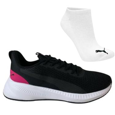 Imagem de Kit Tênis Puma Flyer Lite 3 Wns Feminino e Meia, 36, Preto, Rosa, Femi