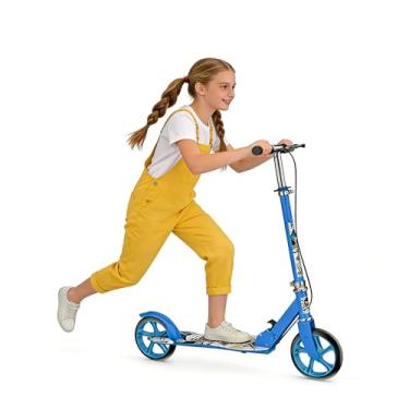Imagem de Patinete esportivo leve dobrável para adultos e adolescentes com freio de mão ajustável em altura dobrável, rodas grandes, carga durável, 136 kg, azul