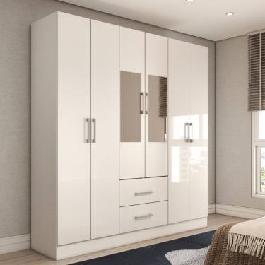 Imagem de Guarda-Roupa Solteiro Bali 6 Portas 2 Gavetas com Espelho Branco - Panorama Móveis
