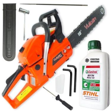 Imagem de Moto Serra Profissional Vulcan Á Gasolina VSL550 2 Temps 55CC 3HP Sabre Ponta Rolante 18 Polegadas Corrente 3/8 x 1,5mm Com Óleo Castrol Sthil 500ml