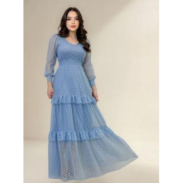 Imagem de Vestido Feminino Terra Prometida Poá Longo Madrinha Cor:AzulTamanho:P,