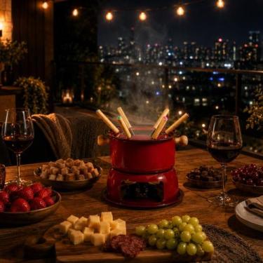 Imagem de Kit Fondue Lucerna Vermelho 11 Peças Em Aço Carbono Mesa - Hauskraft