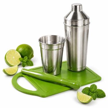 Imagem de Kit Caipirinha 4 Peças para Drinks em Alumínio com Coqueteleira Copo Tábua e Socador para Festa Verde Yeet