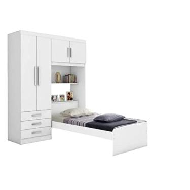 Imagem de Guarda Roupa Roupeiro de Solteiro Branco com Cama de Solteiro + Cabeceira com Baú Acoplada
