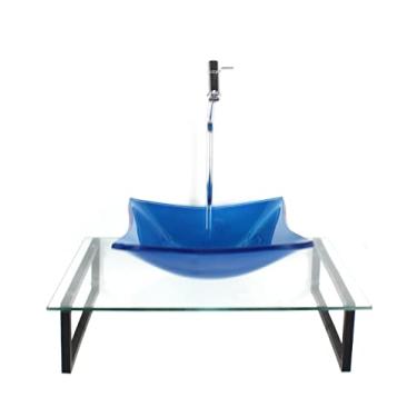 Imagem de KIT CUBA DE VIDRO QUADRADA 10MM AZUL ESCURO COM TAMPO 50CM INCOLOR E SUPORTE PRETO