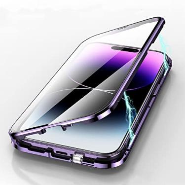 Imagem de Capa magnética para iPhone 14 com trava de segurança dupla face de vidro 360° capa de corpo inteiro com protetor de tela protetor de lente de câmera, capa amortecedora transparente com trava (preto)