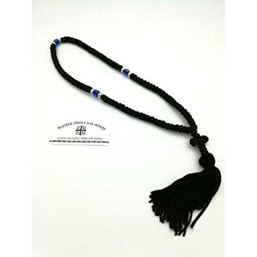Imagem de Corda de oração Blessed feita à mão com 100 nós grego russo Komboskoini cristão ortodoxo preto com contas azuis da fragrância Mt Athos com sagrado (crisma - mirra)