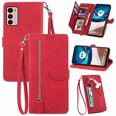 Imagem de Capas de telefone com slots de cartão de luxo compatíveis com Motorola Moto G42 Moto G 42 capa de couro cordão de negócios com zíper carteira clipe de telefone (vermelho, Motorola Moto G42)