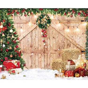 Imagem de Haboke Pano de fundo de porta de celeiro de Natal rústico com tecido macio de 3 x 2,4 m para fotografia, Natal, árvore de neve, presente de parede, chão, festa, fundo de foto, artigos de feriado, decoração de banner para estúdio de fotos
