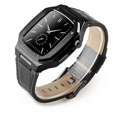 Imagem de DYIZU Pulseira de pulseira de couro pulseira caixa de relógio de metal para Apple Watch Series 7 se 6 5 4 3 iwatch acessórios modificados 41MM 44mm 45mm (cor: amarelo prata, tamanho: 45MM)