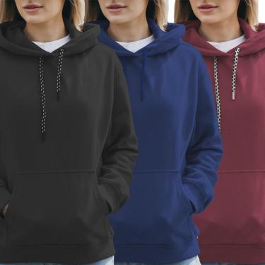 Imagem de Kit 3 Blusas Moletom Canguru com Capuz Liso Sem Estampa Feminino Juvenil-Feminino