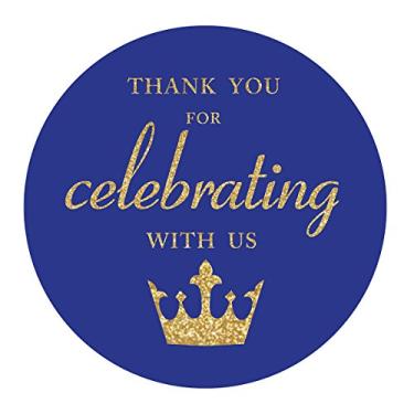 Imagem de Adesivos Royal Blue Little Prince Thank You com glitter dourado para meninos e bebês ou festas de aniversário, etiqueta com coroa, 5 cm redonda, pacote com 40