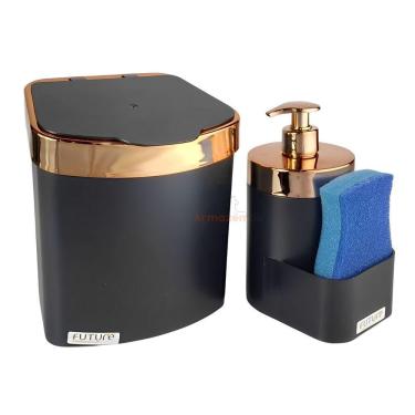 Imagem de Kit Lixeira 2,5L Dispenser Porta Detergente Líquido Esponja Para Pia Cozinha Preto Rose Gold - Future