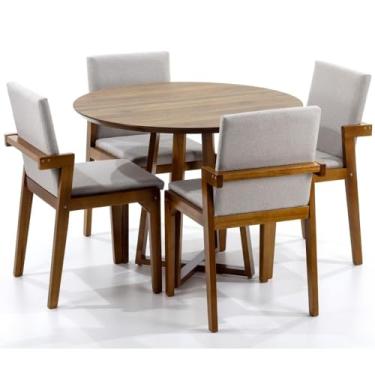 Imagem de Conjunto Mesa de Jantar Redonda Natural Lara Premium 100cm com 4 Cadeiras Estofadas Isabela - Bege