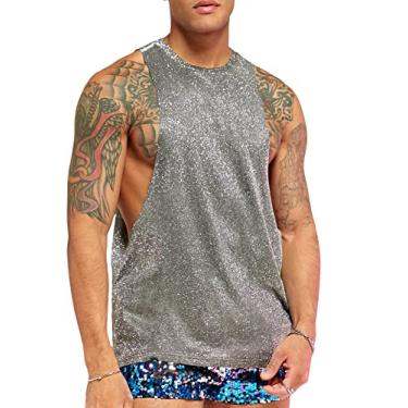 Imagem de WDIRARA Camiseta masculina de malha transparente para atividades esportivas camiseta musculosa para academia, Glitter prata, P
