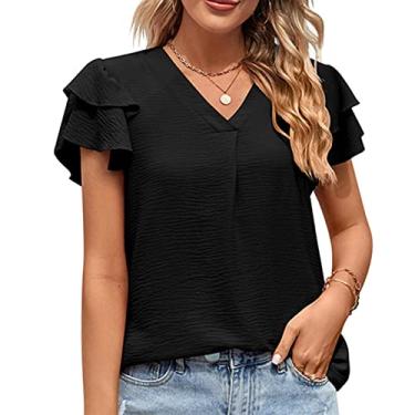 Imagem de Blusa de Manga Com Babados, Cor Pura Com Decote Em V Feminino Verão Top Pele Amigável para Namorar Diariamente (XL)