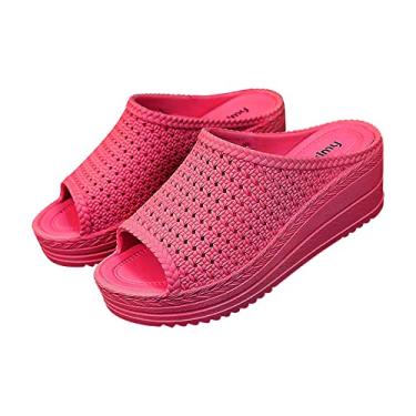 Imagem de Pantufas femininas com salto inclinado confortável sandálias vazadas de malha de plástico para uso externo sapatos de praia, Vermelho, 8
