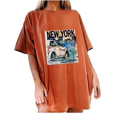 Imagem de Nova York – Camiseta vintage oversized para mulheres pulôver camisa de manga curta ombro caído Top Túnica Tops de verão Top feminina mangas Cidade 1998 1898 PRAÇA DE TES E31-Laranja Small